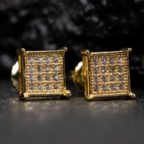 Micro Pave Small Gold Plated Iced Square Hip Hop Screw Back Stud Earrings - Picture 1 of 5